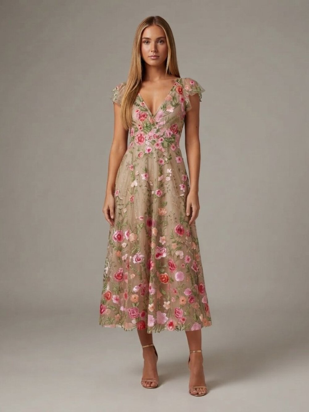 Mac Duggal Beige Floral Embroidered Flutter Sleeve Midi Dress 8 57173 - Picture 5 of 16
